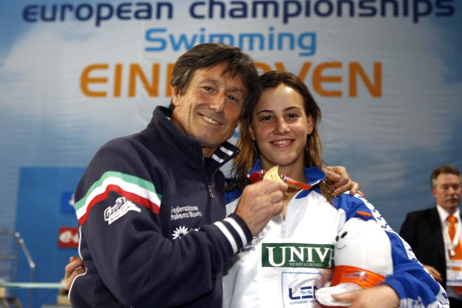 Campionati europei a Eindhoven nel 2008. Medaglia d&#39;oro nella piattaforma dai 10 metri, Tania Cagnotto con il pap Giorgio (Colombo Giancarlo)